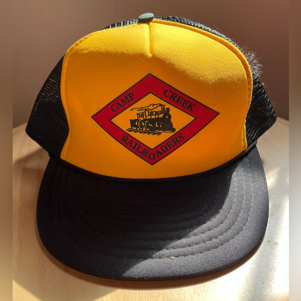 Vintage Foam Mesh Trucker Hat Camp Creek Railroaders Yellow Black SnapBack EUC